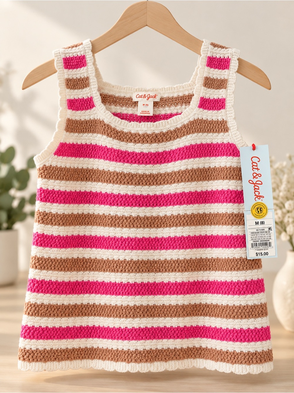 Cat & Jack Pink, Brown & Cream Striped Crochet Tank